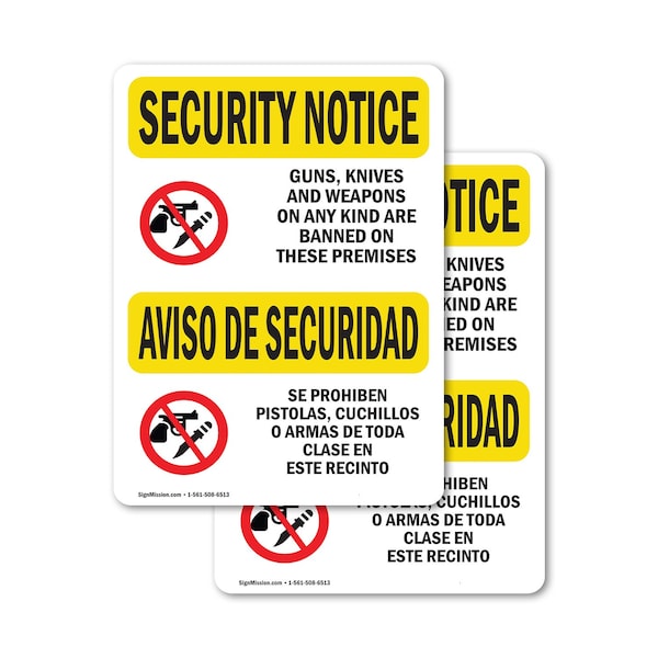Signmission Knives Weapons Banned Bilingual OSHA Security Notice Sign, Vinyl Decal, 5in W x 7in L, 2PK OS-2PACK-SN-D-57-L-11555 - main